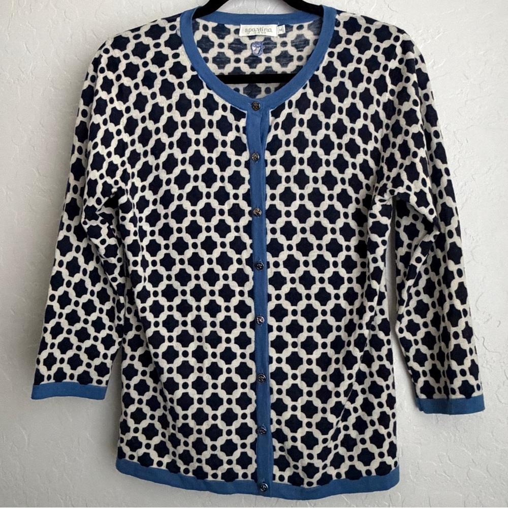 Spartina 449 Women's Merino Wool Cardigan Sweater Navy White Medium‎